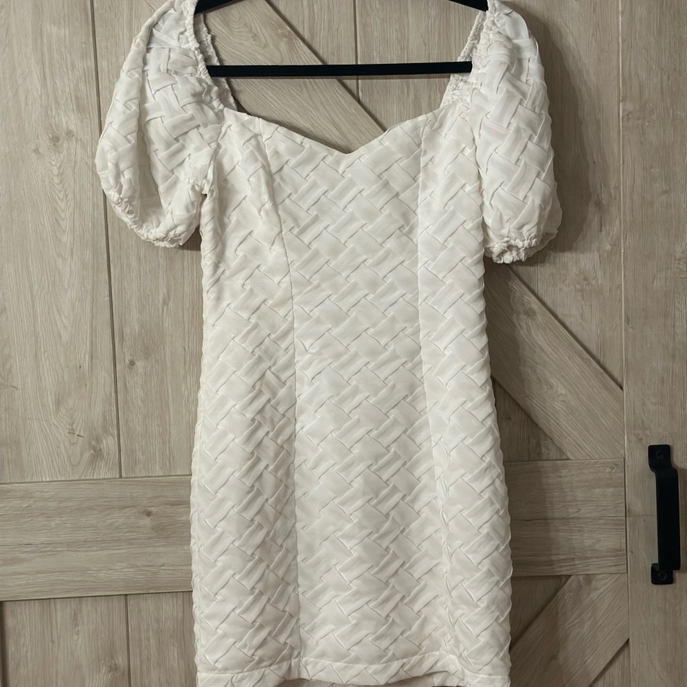 Lena White Textured Mini Dress with Puff Sleeves